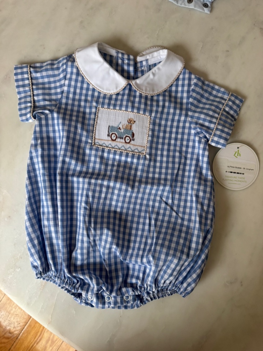 Blue Gingham Baby Bubble Romper with Peter Pan Collar